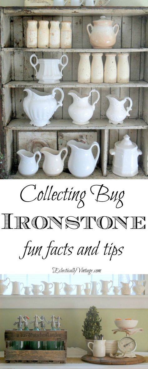 Collecting Ironstone kellyelko.com Ironstone Platter Display, Decorating With Antique Crocks, Ironstone Display, Southern Eclectic Decor, California Eclectic Decor, White Pitchers, Ironstone Collection, Boho Eclectic Decor, Antique Crocks