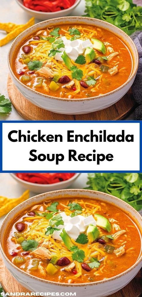 Looking for chicken recipes? This chicken enchilada soup recipe is an easy, flavorful option. Perfect for soup dinner recipes and a healthy alternative to chicken pot pie, it’s a great addition to your dinner ideas list. Easy Chicken Enchilada Soup, Chicken Enchilada Soup Recipes, Enchilada Soup Recipe, Soup Ideas, Creamy Chicken Enchiladas, Chicken Enchiladas Easy, Hearty Chicken, Enchilada Soup, Chicken Enchilada Soup