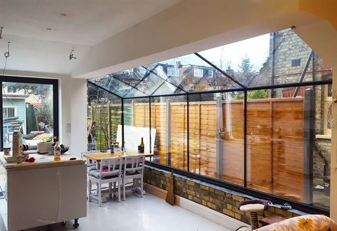 Lean To Extension Kitchen, Lean To Glass Extension, Glass Lean To Extension, Glass Lean To, Kitchen Extension Glass Roof, Lean To Extension, Glass Sliding Doors Interior, Sliding Door Interior, Frameless Window