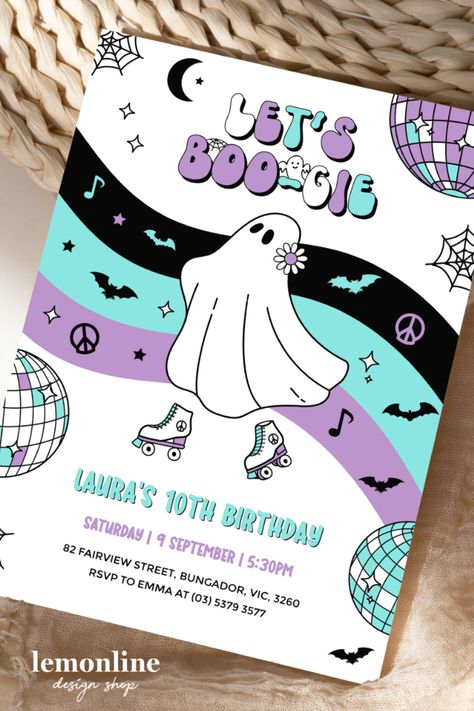 Epic Halloween Party, Roller Skate Invitations, Skate Rink, Roller Skating Birthday Invitations, Disco Halloween, Groovy Ghost, Roller Skate Birthday, Halloween Invite, Skate Birthday