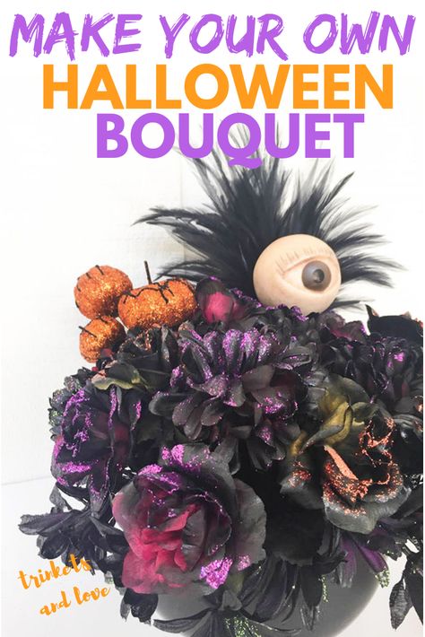 Halloween Flower Arrangements, Halloween Bouquet, Flower Pumpkin, Harry Potter Day, Dollar Tree Halloween, Spooky Halloween Party, Halloween Flowers, Halloween Porch Decorations, Diy Halloween Projects