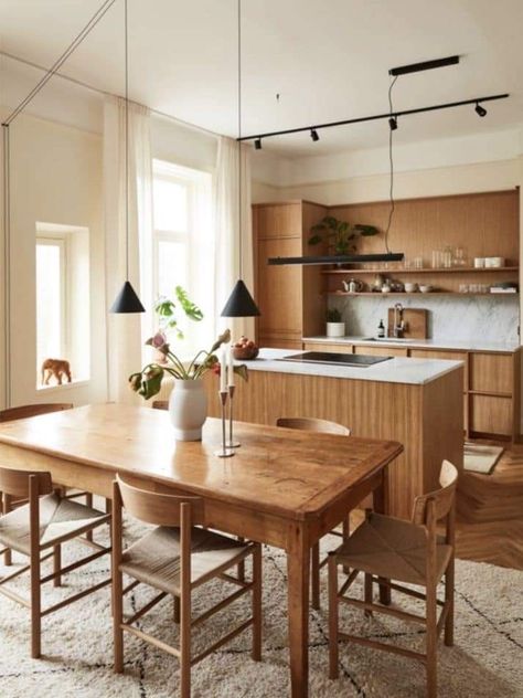 Japanese Scandinavian Kitchen, White Marble Backsplash, Faux Brick Backsplash, Woven Chairs, Japandi Home, Shaker Style Cabinets, Wooden Dining Set, Rustic Modern Kitchen, Japandi Interior