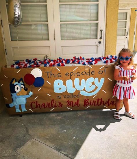 On this episode of Bluey, this little cutie celebrated her 3rd birthday today! #handpaintedbanner #bluey #blueybirthday #birthdayparty #birthdaypartydecor #kidsbirthday #sarasota #sarasotamoms #lakewoodranch #lakewoodranchmoms #bradenton #bradentonsmoms #stpetersburg #stpetemoms #tampa #tampamoms #etsy #etsyshop #etsyseller #etsysellersofinstagram Bluey Birthday Three, Bluey Themed Third Birthday, 3rd Birthday Party Bluey, Trunk Or Treat Bluey, Bluey Birthday Party 3, This Episode Of Bluey Birthday Sign, Bluey Halloween Party, Bluey Trunk Or Treat Theme, Bluey 3rd Birthday