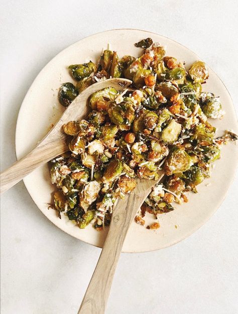 crispy brussels sprout “caesar” salad Broccoli Caesar, Healthy Caesar Salad, Caesar Recipe, Crispy Broccoli, Homemade Bread Crumbs, Seasoned Chickpeas, Brussel Sprout Salad Recipes, White Sandwich Bread, Cooking Brussel Sprouts