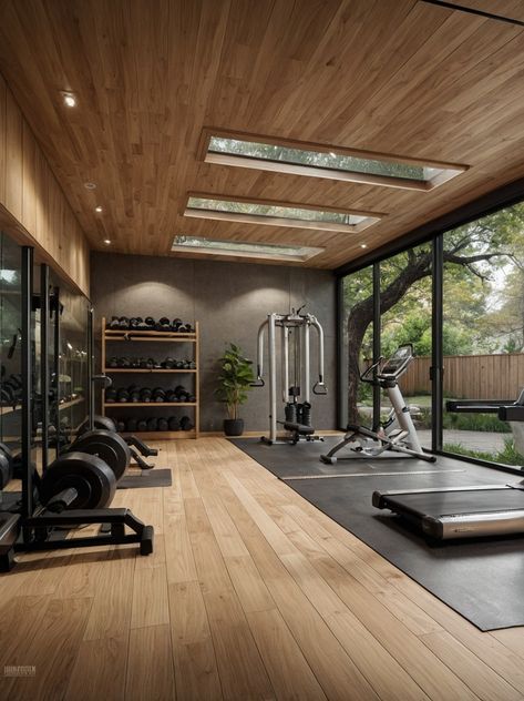 Minimalist Gym Design, Gym Pool House, Mid Century Modern Gym, Workout Basement Ideas, Aesthetic At Home Gym, Personal Gym Design, Indoor Gym Ideas, Modern Gym Interior Design, Indoor Gym Home