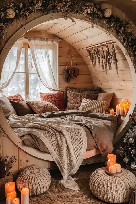 This circular wooden alcove bedroom combines rustic warmth with bohemian elegance. Adorned with knitted poufs, dried flowers, and a small Christmas tree, it’s the perfect blend of comfort and festive coziness. #CozyBedroom #RusticAesthetic #BohemianDecor #FestiveVibes #WarmInteriors #DreamySpaces #AlcoveBedroom #HomeDecorInspiration #CandlelitAmbiance #ChristmasDecor Cozy Nest Bedroom, Cozy Bed Nooks Built Ins, Love Nest Bedroom, Sleep Nook, Cozy Reading Nook Small Spaces, Cozy Nook Bedroom, Alcove Bedroom, Circular Bedroom, Alcove Bed