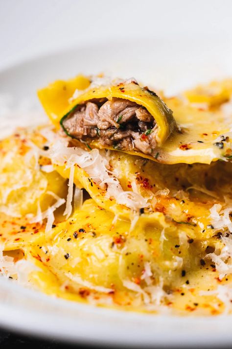 Lamb Ravioli with Preserved Lemons by Jack Guyonvarch | CREME: Step-by-Step Video Recipes Lamb Ravioli Recipe, Lamb Ravioli, Leftover Lamb, Ravioli Recipe, Creamy Polenta, Preserved Lemons, Video Recipes, Butter Sauce, Pizza Pasta