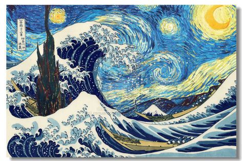 Van Gogh’s “The Starry Night” and Hokusai’s “The Great Wave off Kanagawa” in one painting - Imgur Van Gogh Landscapes, Gogh The Starry Night, Starry Night Painting, Arte Van Gogh, The Great Wave, The Starry Night, Art Parody, Great Wave Off Kanagawa, Abstract Landscapes