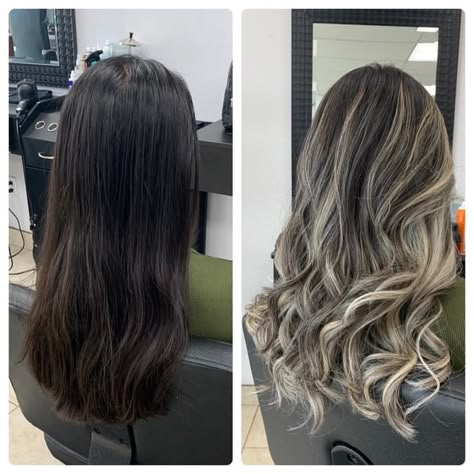 Black To Dark Blonde Hair, Black To Blonde Highlights, Blonde Highlights Dark Eyebrows, Hair Color Ideas For Brunettes For Summer 2023, Heavy Highlights On Dark Hair Brown, Dimensional Ash Blonde Balayage, Hilight Hair Colors Dark Brown, Full Head Of Foils On Brown Hair, Hair Highlights For Dark Hair Blonde