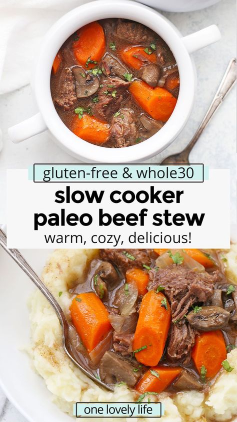 Slow Cooker Beef Stew - This paleo beef stew couldn't be easier! Let the slow cooker do the work and enjoy a cozy Whole30 dinner! (Paleo & Whole30 Friendly) // crock pot beef stew // whole30 beef stew // paleo beef stew recipe // healthy beef stew // crockpot beef stew // crockpot paleo beef stew // paleo stew recipe Healthy Beef Stew Crockpot, Paleo Stew Recipes, Beef Stew Recipe Healthy, Paleo Stew, Beef Stew Crock, Paleo Beef Stew, Beef Stew Healthy, Whole30 Beef, Slow Beef Stew