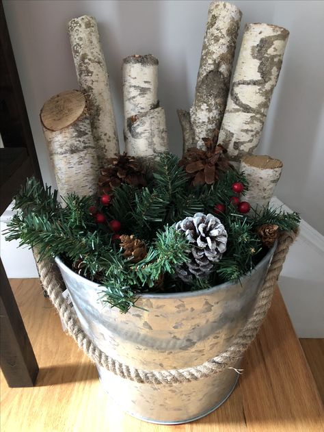 Birch Christmas Bucket, Christmas Tree In Tin Bucket, Birch Tree Branches In Pot, Christmas Tree Tin Bucket, Birch Logs In Basket Christmas Decor, Silver Bucket Decor Ideas, White Birch Logs Decor Rustic Christmas, Christmas Bucket Decoration, Crafts With Birch Wood