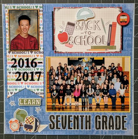 Class picture school scrapbook layout idea School Days Scrapbooking Ideas, Class Picture Scrapbook Layout, Scrapbook School Years, School Scrapbook Ideas Layout, School Years Scrapbook Ideas, Scrapbook Ideas School Years, School Picture Scrapbook Ideas, Scrapbook Class Pictures, Scrapbook School Ideas