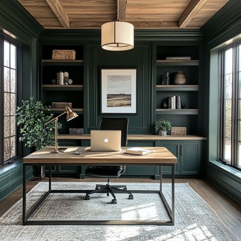 The Best Moody Office Paint Colors - The Paint Color Project Sw Greenblack Office, Moody Office And Guest Room, Dark Green Study Office, Dark Green Office Cabinets, Dark Green Office Library, Office Color Paint, Office Built In Paint Colors, Moody Corporate Office, Forest Green Basement