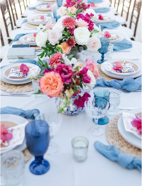 Mamma Mia Flower Arrangement, Garden Party Tablescapes Inspiration, Mama Mia Kitchen Tea, Spanish Style Table Setting, Mamma Mia Tablescape, Bridal Shower Mama Mia, Pop Of Color Wedding Decor, Mykonos Bachelorette Party, Mama Mia Centerpieces