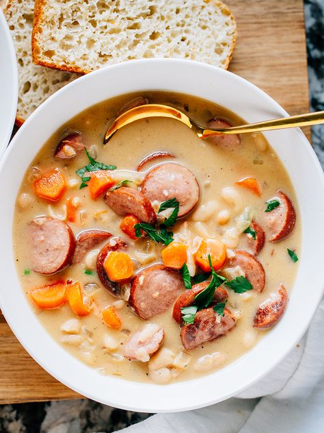 Kielbasa White Bean Soup, Kielbasa Bean Soup, Soup With Kielbasa Sausage, Kielbasa And Beans, Creamy Kielbasa, Soup With Kielbasa, Bean Soup Crockpot, Kielbasa Soup, Cream Cheese Potatoes