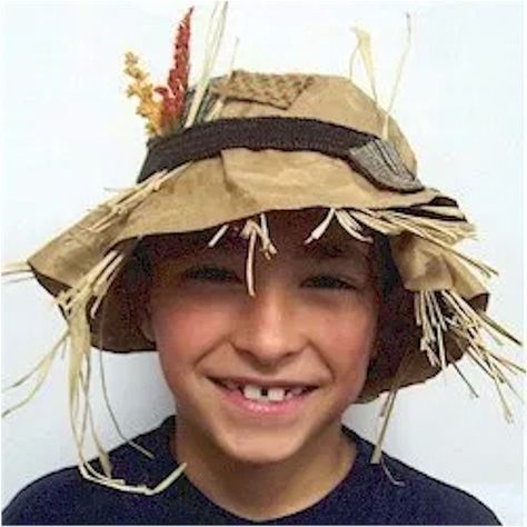 This Scarecrow Hat is an easy and inexpensive way to dress the kids for Halloween Trick or Treating. Add an old shirt with some straw stuffed in the sleeves Diy Scarecrow Hat For Kids, Scarecrow Hat Diy, Diy Scarecrow Hat, Homemade Scarecrow, Scarecrow Activities, Halloween Activity Ideas, Scarecrow Craft, Make A Scarecrow, Scarecrow Hat