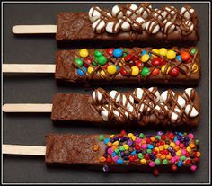 Chocolate Dipped Brownies on a stick~ then roll in sprinkles, nuts, marshmallows or candy. Great holiday party food! Dipped Brownies, Chocolate Candy Bars, Brownie Pops, Cocoa Brownies, Cookie Sticks, Sale Ideas, On A Stick, Candy Bars, Brownie Bar