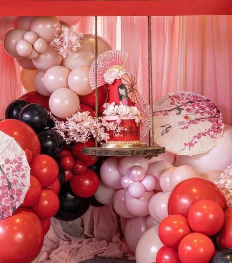 Style Your Party Events on Instagram: "“The Greatest Gift And Honor Is Having You For A Daughter.” In love with this Mulan themed 4th birthday party for Penelope. @gardenplaceballoons @rent4parties @imagine_creations @dreams_y_balloons @littletreatsbyjanna @twinsprint @thronesnmore @eventsalennette @shamemoriesphotography #styleyourparty #styledyourparty #styleherparty #styledherparty #mulan #mulanbirthday #mulanparty #mulantheme #festamulan #kidspartydecor #kidspartyplanner #kidsofi Mulan Rouge Party, Mulan Bday Party Ideas, Mulan Theme Party, Mulan Baby Shower Theme, Mulan Quinceanera Theme, Mulan Birthday Decoration, Mulan Themed Birthday Party, Mulan Birthday Party Ideas, Asian Themed Birthday Party