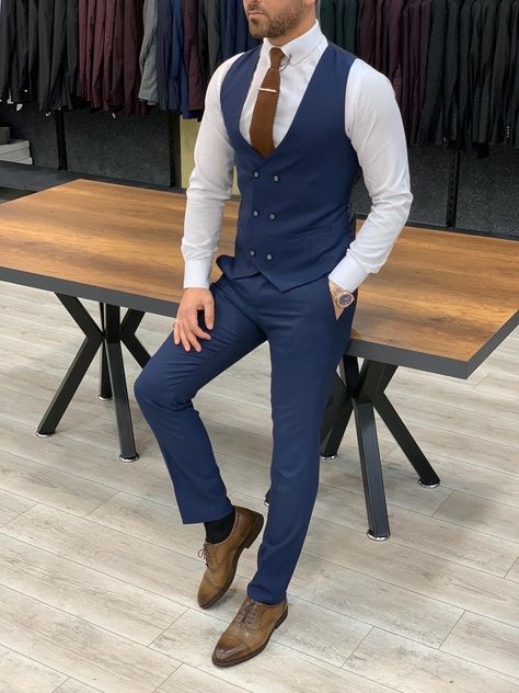 Blue Suit With Vest, Blue Vest Outfit Men, Navy Blue Vest Outfit, Blue Vest Outfit, Blue Suit Vest, Vest Outfit Women, Wedding Decisions, Blue Slim Fit Suit, Vest Outfits Men