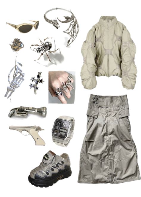 Beige Cybercore, Aetherpunk Aesthetic Outfit, Biopunk Fashion, Punk Aesthetic Outfit, Cybercore Outfit, Avant Apocalypse, Post Apocalyptic Outfit, Techno Outfit, Winter Outfits Aesthetic