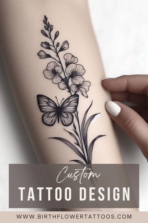 🌼✨Larkspur Flower and Butterfly Tattoo - Elegant July Birth Flower Doodle Design✨🌿 Larkspur And Water Lily Tattoo, July Flower Tattoo, Larkspur Flower Tattoo, Larkspur Flower Tattoos, Flower Butterfly Tattoo, Flower And Butterfly Tattoo, Larkspur Tattoo, Water Lily Tattoos, Butterfly With Flowers Tattoo