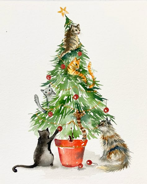 Learn to paint the ultimate christmas gift for any cat lover! Watch my watercolour tutorial by clicking the link and learn to paint cats of all kinds and christmas trees! #watercolour #cat #catsofinstagram #catlovers #christmastree #christmascardsdiy Cat In Christmas Tree Drawing, Christmas Drawings Watercolor, Cat Christmas Tree Illustration, Cat Tree Drawing, Cats Christmas Tree, Christmas Drawing Inspiration, Watercolour Painting Christmas, Christmas Painting Projects, Watercolour Inspiration Christmas