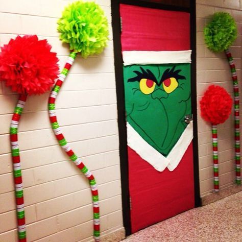 The Grinch Door Decorations For School, Grinch Door Decorations Classroom, Grinch Door, Hallway Decorations, Grinch Ideas, Diy Christmas Door Decorations, Door Decorations Classroom Christmas, School Hallway, Diy Christmas Door