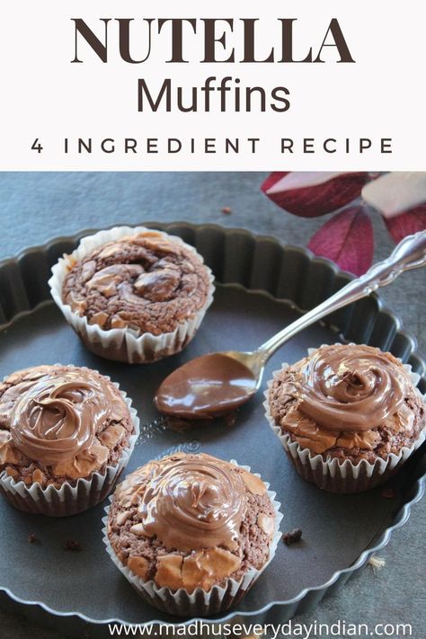 4 nutella muffins topped with nutella Nutella Muffins Recipes, Easy Muffins 5 Ingredients, Easy Muffin Recipes 4 Ingredients Simple, Easy Muffins For Kids, 4 Ingredient Muffins, Easy Muffin Recipes 4 Ingredients, Nutella Desserts Easy, Nutella Muffin, Nutella Recipes Easy