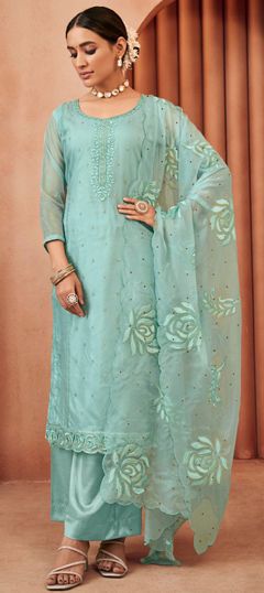 Blue color Salwar Kameez in Organza Silk fabric with Embroidered, Resham, Thread work Kurta Pajama Men, Kaftan Tops, Bollywood Bridal, Resham Work, Wedding Sherwani, Gowns For Girls, 3 Piece Suits, Thread Work, Print Tunic