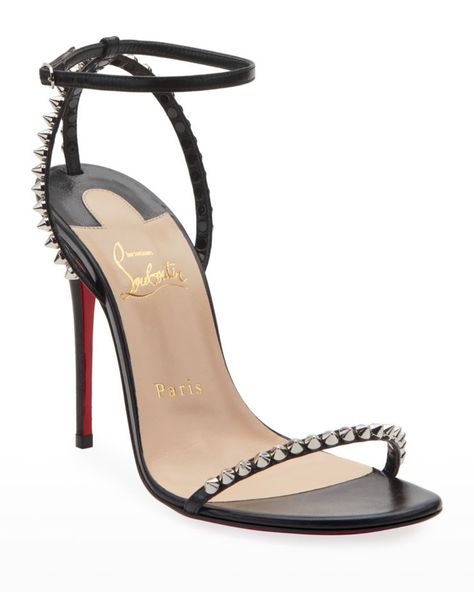 Christian Louboutin leather sandals with spike trim.
4" covered stiletto heel.
Strap bands open toe.
Adjustable ankle strap.
d'Orsay silhouette.
Signature red leather sole.
Made in Italy. Christian Louboutin Lipstick, Christian Louboutin Outfits, Louis Vuitton Shoes Heels, Christian Louboutin Boots, Dr Shoes, Glass Slippers, Jimmy Choo Heels, Heels Outfits, Christian Louboutin Heels