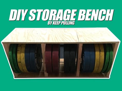 DIY Bench with Bumper Plate Storage - Tampa's Olympic Weightlifting Coach & Barbell Club Barbell Plate Storage, Diy Weight Plate Rack, Weight Plate Storage Diy, Diy Bumper Plate Storage, Diy Weight Rack, Bumper Plate Storage, Weight Plate Storage, Diy Bumper, Gym Plans