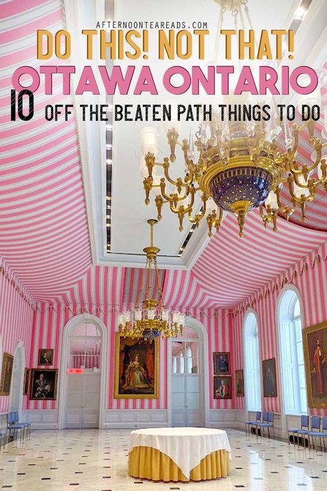 the tent room at Rideau hall: It looks like the inside of a tent, with sloping tarp ceiling all pink and white stripes wallpaper. with a gold chandelier in the middle and marble floors What To Do In Ottawa Canada, Things To Do In Ottawa Canada, Byward Market Ottawa, Ottawa Canada Things To Do, Ottawa Downtown, Things To Do In Ottawa, Ontario Summer, Ottawa Travel, Game Room Home