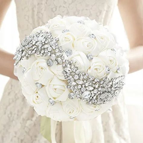 Bride Holding Bouquet, Brides Wedding Bouquets, Wedding Dress Bouquet, Wedding Bouquets Diy, Bling Bouquet, Rhinestone Bouquet, Holding Bouquet, Wedding Flower Guide, Jeweled Bouquet