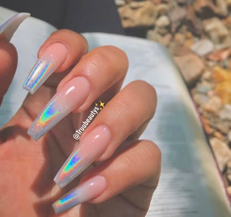 Cool Acrylic Nails Coffin, Cute Holographic Nails, Chrome Tipped Nails, Halo Nails, Milky Nails, Holographic Nails, Coffin Nails Designs, Fire Nails, Pretty Acrylic Nails