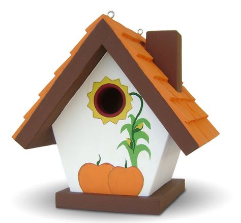 A cottage style birdhouse painted with pumpkin, corn stalk and sunflower will make a nice addition to your Thanksgiving Day celebration. Fall Birdhouse Ideas, Bird House Painting Ideas Simple, Wooden Houses Diy, Holiday Birdhouses, Painted Birdhouses, Creative Pumpkin Decorating, Glass Bird Feeders, Bird Houses Ideas Diy, Bird House Plans