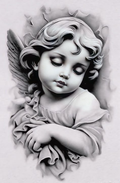 Baby Jesus Tattoo, Cherub Tattoo Designs, Tattoo Machine Art, Baby Angel Tattoo, Baby Tattoo Designs, Cherub Tattoo, Lion Tattoo Sleeves, Realistic Tattoo Sleeve, Chicano Style Tattoo