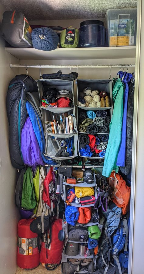 Camping Gear Storage Small Spaces, Hiking Gear Storage Wall, Outdoor Gear Storage Apartment, Small Walk In Closet Storage Ideas, Camp Gear Storage, Hiking Gear Storage, Backpacking Storage, Backpacks Organization, Backpacking Gear Storage