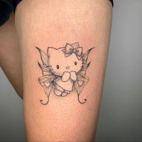 Hello Kitty Tattoo Stencil, Fairy Hello Kitty, Hello Kitty Tattoo Ideas, Kitty Tattoo Ideas, Hello Kitty Fairy, Hello Kitty Tattoo, Kitty Tattoos, Illusion Tattoos, Optical Illusion Tattoos