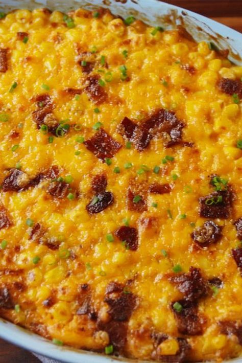 Cowboy Corn Casserole Vertical Corn Casserole With Bacon, Cowboy Corn, Easy Dinner Casserole Recipes, Sweet Corn Casserole, Cheesy Corn Casserole, Casserole With Bacon, Sweet Corn Recipes, Bacon Dishes, Barbecue Sides