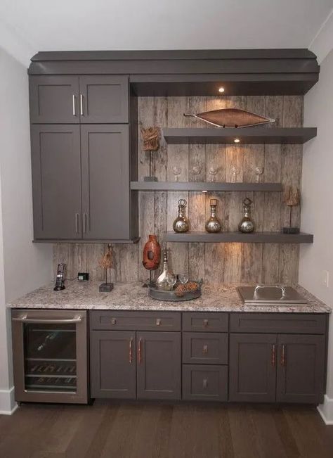 Home Mini Bar, Basement Wet Bar, Basement Kitchenette, Home Bar Cabinet, Home Bar Rooms, Pantry Shelves, Basement Bar Designs, Diy Home Bar, Basement Kitchen