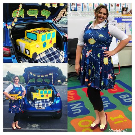 Ms. Frizzle Halloween Costume, trunk-or-treat Halloween Costumes For Trunk Or Treat, Mrs Frizzle Trunk Or Treat, Miss Frizzle Trunk Or Treat, Magic School Bus Trunk Or Treat Ideas, Trunk Or Treat Magic School Bus, Book Character Trunk Or Treat, Storybook Trunk Or Treat Ideas, Trunk Or Treat Book Theme Ideas, Trunk Or Treat Costumes