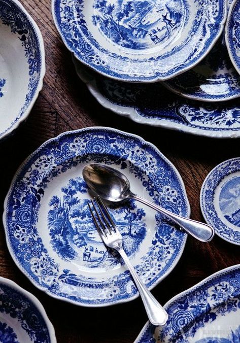 dustjacketattic:  photo sharyn cairns Blue And White Plates, Pottery Place, Blue Things, Blue Dishes, Blue Transferware, Nora Roberts, Attic Remodel, White Dishes, White Pottery