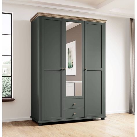 Discover the perfect blend of style and functionality with the Evora 19 Hinged Wardrobe in Abisko Ash & Oak Lefkas. Measuring 154cm in width and 216cm in height, this wardrobe offers a sophisticated storage solution featuring six shelves, one hanging rail, and two drawers, all designed to meet the storage needs of the modern user. The unique colour combination and high-quality laminated board construction ensure durability and a premium look. At the same time, the glass door adds a touch of eleg Dark Green Closet, Wardrobe Furniture Design, Tall Wardrobe, Standing Wardrobe, Green Wardrobe, Wardrobe Colour Ideas, Armoire Design, Living Room Armoire, Three Door Wardrobe