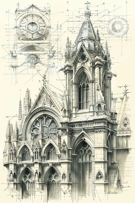 Detailed Architecture Drawing, Gothic Architecture Drawing Sketch, 1800s Architecture, Gothic Architecture House, Cathedral Sketch, Church Drawing, Gothic Architecture Drawing, Architecture Gothic, Neo Gothic Architecture