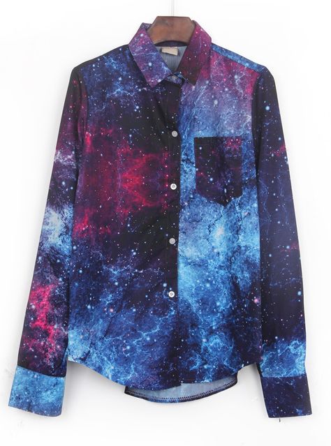 Navy Wing Collar Galaxy Print Curved Hem Blouse | SHEIN USA Galaxy Clothes, Galaxy Outfit, Galaxy Shirt, Galaxy Fashion, Wing Collar, Hem Blouse, Galaxy Print, Space Print, Sleeves Top