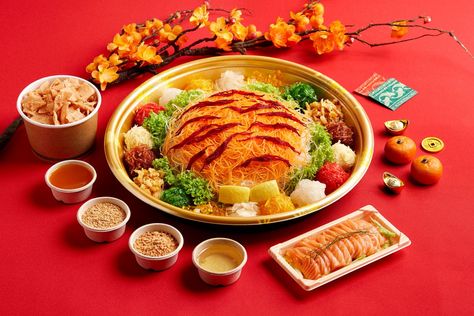 Yee Sang, Pork Floss, Pomegranate Sauce, Chinese New Year 2022, Chinese New Year 2023, Sweet Dressing, Plating Ideas, Raw Salmon, Plum Sauce