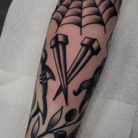 Elbow web and coffin nails done for @tattsbydylan - Taking bookings for April/May! - Happy to take on any work, big or small! Your ideas or mine, all styles welcome! - I'll be posting my availability daily in my stories if you're interested in getting tattooed - DM or email me at tomcarrtattoos@gmail.com for tattoo bookings and enquiries, cheers! - #tattoo #tattooing #tattoolife #tattooideas #tattooart #tattooflash #flash #traditionaltattoo #topclasstattooing #traditionaltattoos #traditiona... Web Elbow Tattoo Traditional, American Traditional Nail Tattoo, Traditional Style Elbow Tattoo, Coffin Nail Tattoo, Small Elbow Tattoo, Cheers Tattoo, Traditional Tattoo Man, Coffin Tattoo, Getting Tattooed