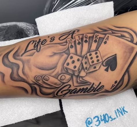 Life S A Gamble Tattoo, Men’s Quarter Sleeve Tattoo, Stencil Tattoo Ideas Men Forearm, Respect The Past Create The Future Tattoo, Jail Tattoos Ideas, Life Is A Gamble Tattoo, Jackpot Tattoo, Tattoo Ideas For Men Bicep, Lifes A Gamble Tattoo