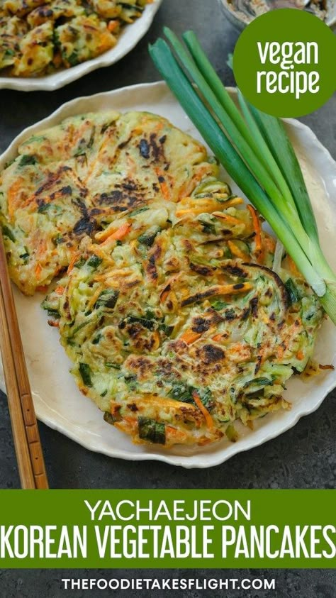 Korean Vegetable Pancakes Vegan, Healthy Veggie Pancakes, Veggie Pancakes Recipe, Korean Pancake Recipe Vegetables, Vegan Korean Pancakes, Asian Vegetable Dishes, Asian Vegetable Pancakes, Korean Vegetable Pancakes Recipes, Thai Vegetable Recipes