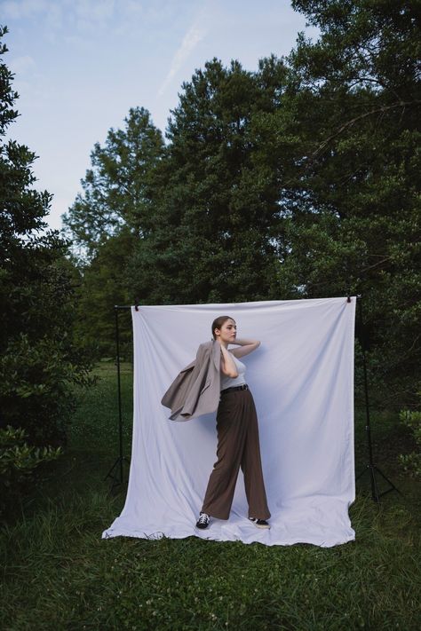 Outdoor Studio Photoshoot, Outdoor Shoot With Backdrop, Backdrop Outdoor Photoshoot, Canvas Backdrop Outdoor Photoshoot, Outdoor Sheet Photoshoot, Bedsheet Outdoor Photoshoot, White Sheet Photoshoot Outside, Backdrop Shoot, Clothing Photoshoot